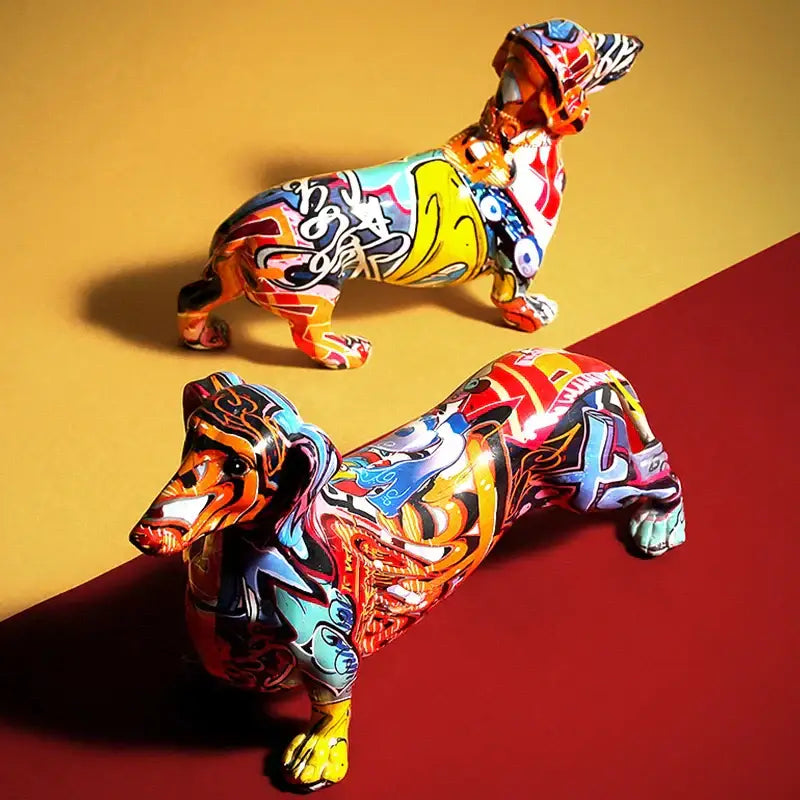 Vibrant decorbites colorful dachshund resin statue with bold graffiti designs and glossy finish for living room decor