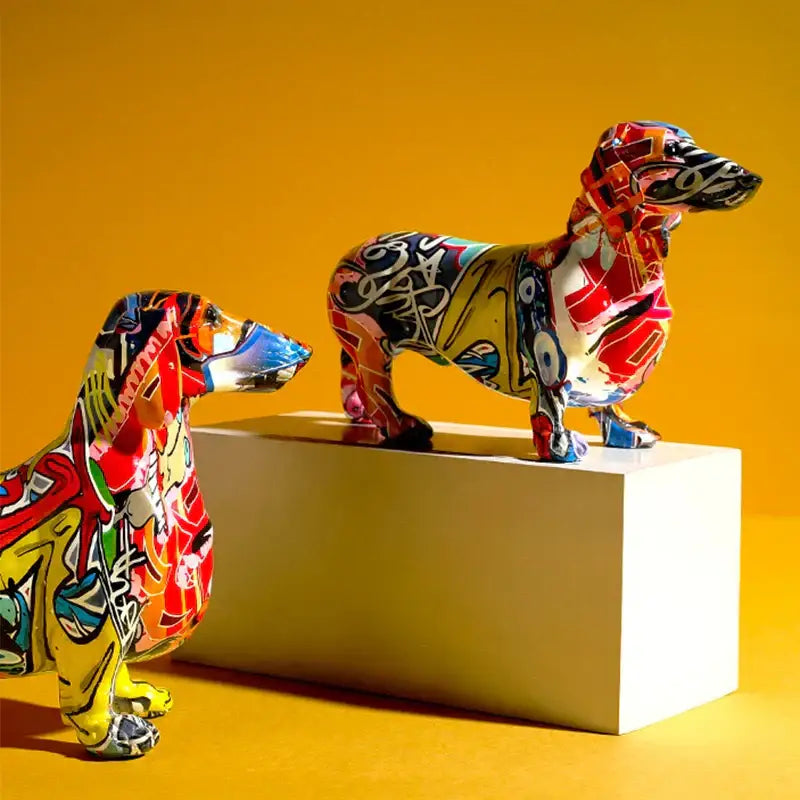 Vibrant graffiti colorful dachshund resin statue with bold red yellow and blue patterns for living room decorbites decor