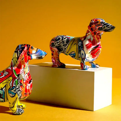 Vibrant graffiti colorful dachshund resin statue with bold red yellow and blue patterns for living room decorbites decor