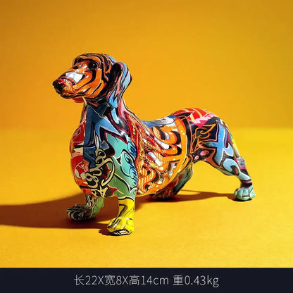 Vibrant graffiti colorful dachshund resin statue with glossy finish featuring bold orange blue green and yellow decorbites colorful dachshund design for living room decor