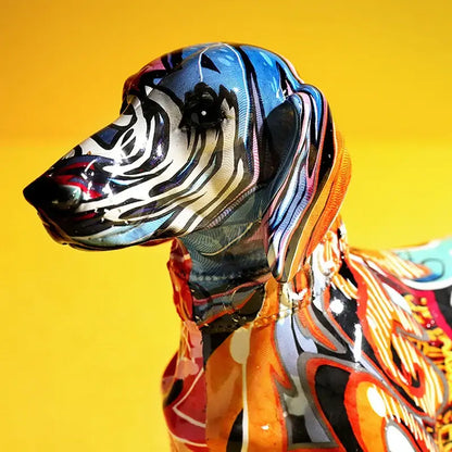 Vibrant and glossy resin statue of a colorful dachshund with psychedelic blue orange black and white swirls for living room decor