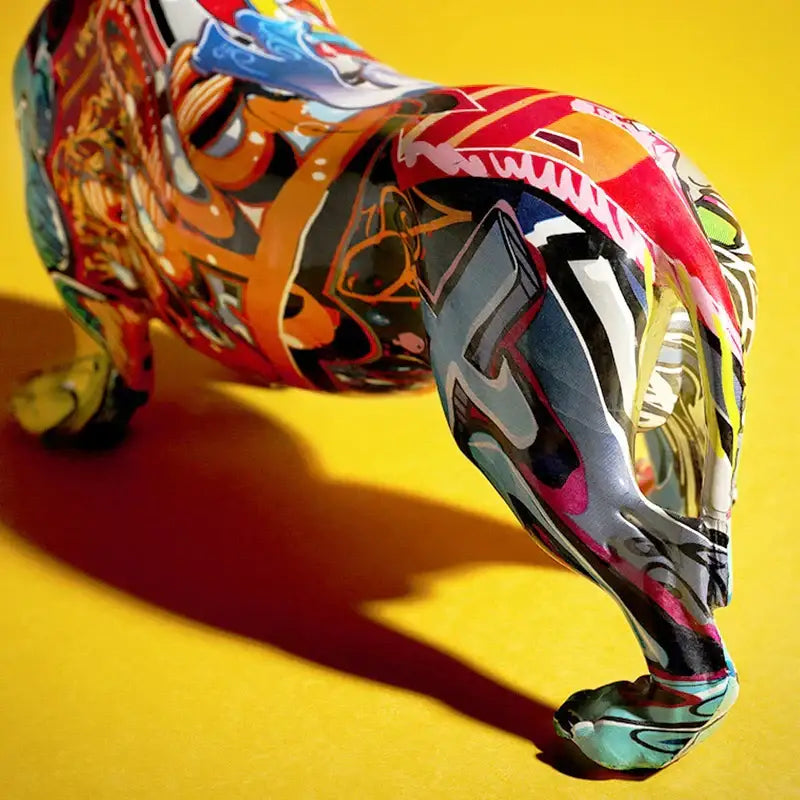 Vibrant graffiti colorful dachshund resin statue with bold reds oranges and metallic accents for living room decorbites decor