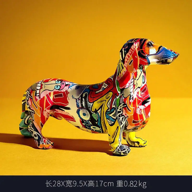 Vibrant graffiti colorful dachshund resin statue with bold red yellow and blue patterns for living room decorbites decor