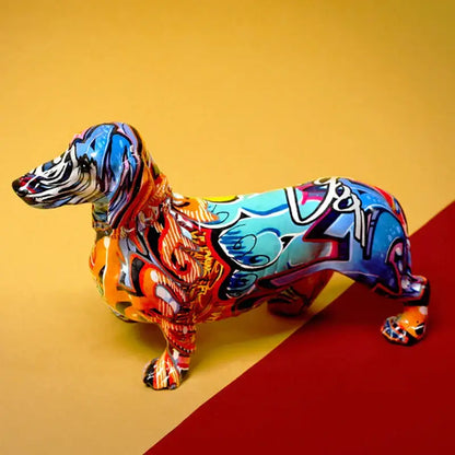 Vibrant resin statue of decorbites colorful dachshund with bold blue orange and red street art patterns for living room decor