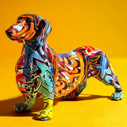 Vibrant graffiti colorful dachshund resin statue with bold orange blue green and yellow patterns for living room decor