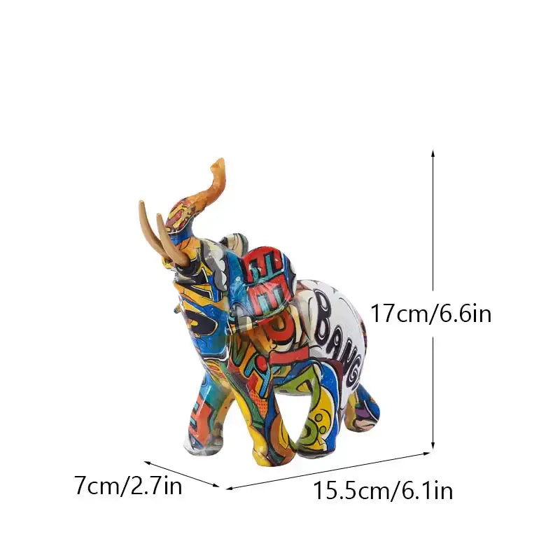 Vibrant graffiti elephant resin figurine with glossy multicolored finish for living room decor by decorbites