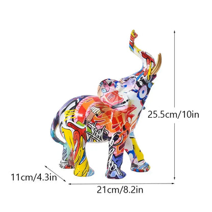 Vibrant graffiti-style decorbites elephant resin figurine with bold red yellow blue and white paint strokes for living room decor