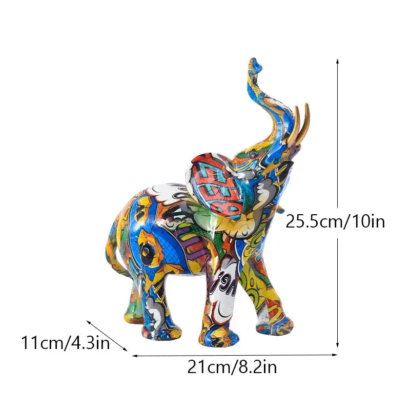 Vibrant graffiti-style decorbites elephant resin figurine with bold blue yellow and red patterns for living room decor