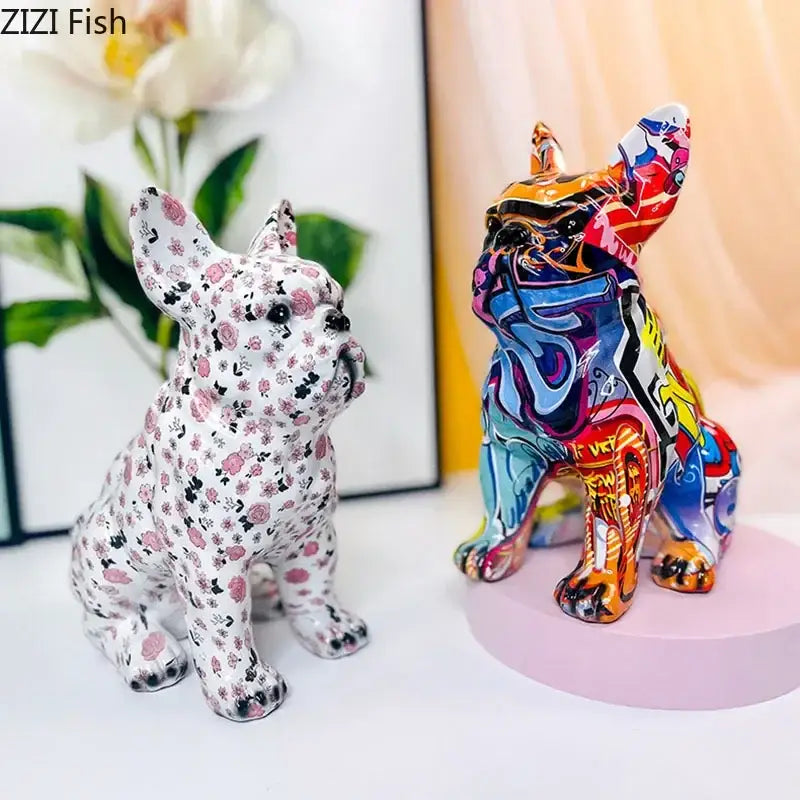 Two decorative resin bulldog punk art sculptures featuring floral white and vibrant graffiti colors for living room decorbites decor