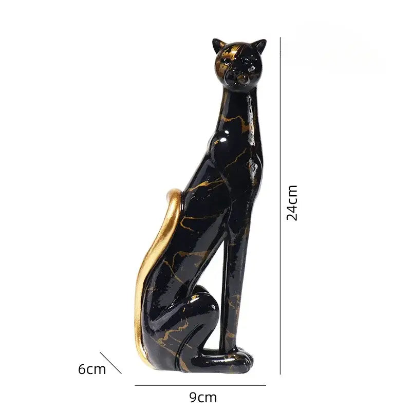 Elegant black cat figurine with gold marble veining and glossy finish as decorbites leopard resin sculpture for living room decor