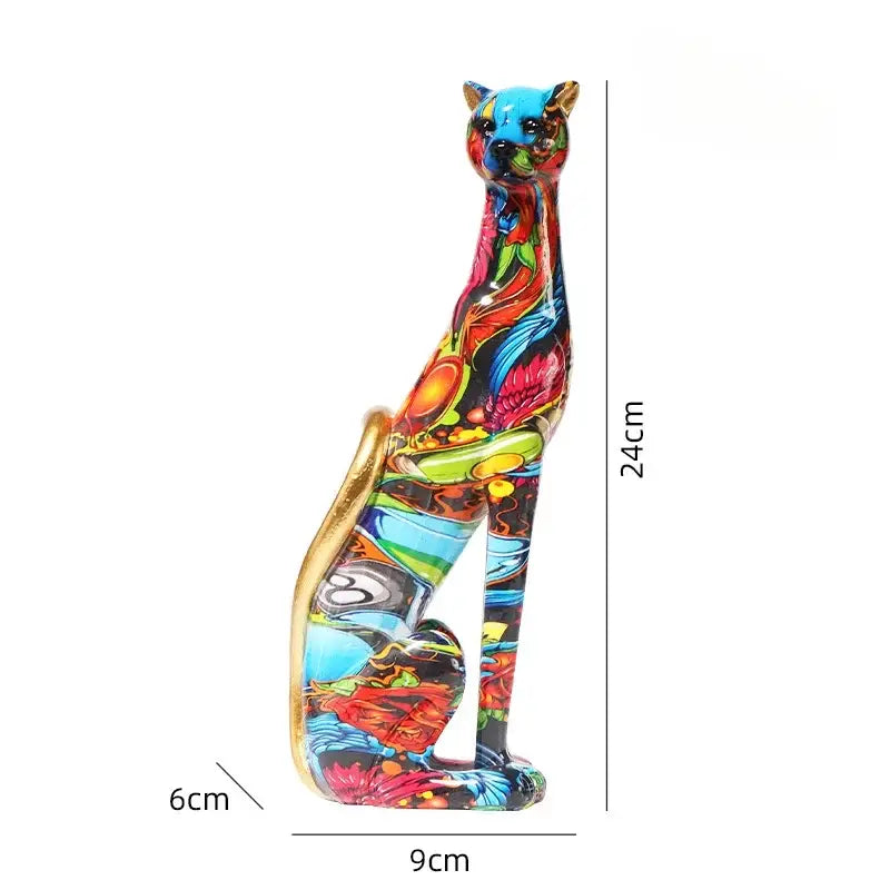 A vibrant 24cm ceramic cat figurine with abstract floral patterns in bold colors for decorbites leopard resin decor