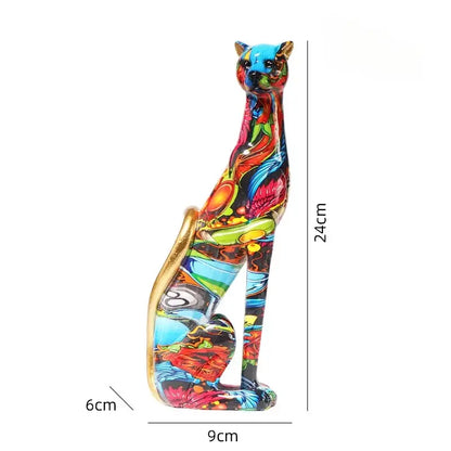 A vibrant 24cm ceramic cat figurine with abstract floral patterns in bold colors for decorbites leopard resin decor