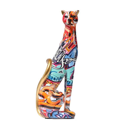Vibrant decorbites leopard resin sculpture cat figurine with glossy finish and gold-tipped tail for colorful living room decor