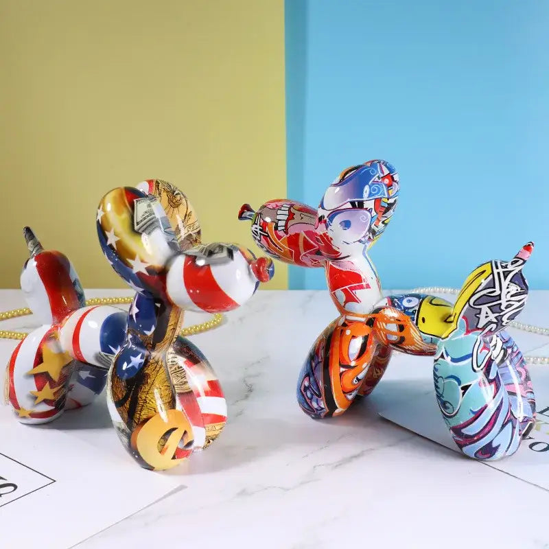 Vibrant multicolored resin balloon dog figurine with glossy graffiti patterns and patriotic motifs for home decor