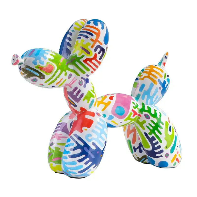 Vibrant balloon dog figurine in multicolored graffiti resin with glossy white base for unique home decor