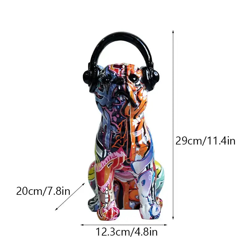 A vibrant graffiti-style ceramic bulldog headphone figurine wearing black headphones for living room decor