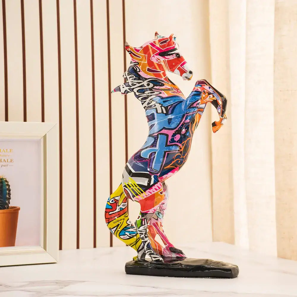 Vibrant graffiti style colorful resin horse statue on glossy black base for living room decorbites colorful resin decor