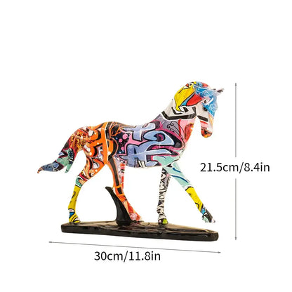 Vibrant graffiti style colorful resin horse statue with bold patterns and glossy finish for living room decorbites decor