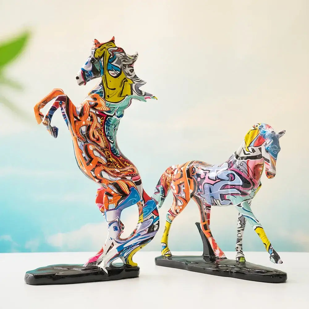 Vibrant graffiti style colorful resin horse statue with bold abstract patterns on glossy black base for living room decor