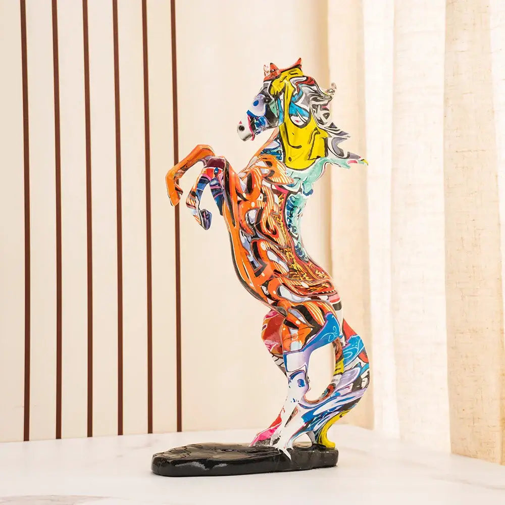 Vibrant graffiti style colorful resin horse statue with glossy finish in yellow orange blue and red for living room decor
