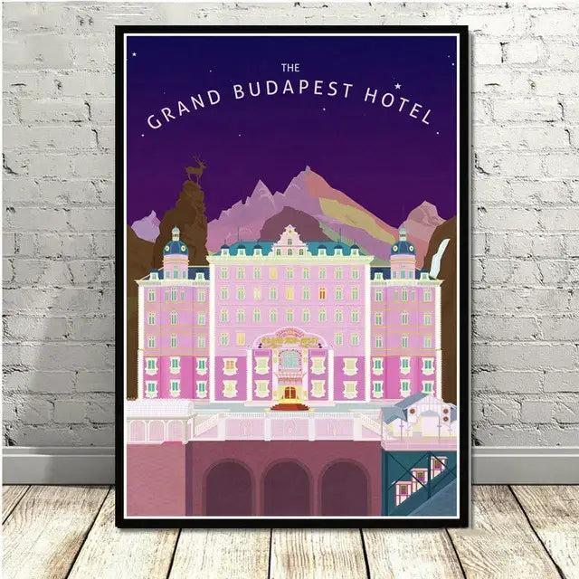 A framed decorbites grand budapest hotel minimalist wall art in pink and teal with a purple sky for living room decor