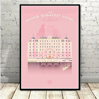 A framed decorbites grand budapest hotel minimalist wall art set with pink illustration and black frame for living room decor
