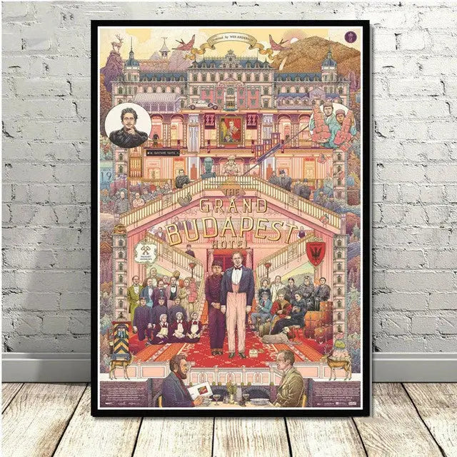 A framed decorbites grand budapest hotel minimalist wall art set featuring vibrant architecture and classic attire illustration