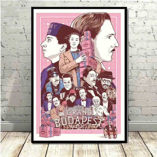 A framed grand budapest hotel minimalist wall art set with stylized characters on pink decorbites grand budapest poster