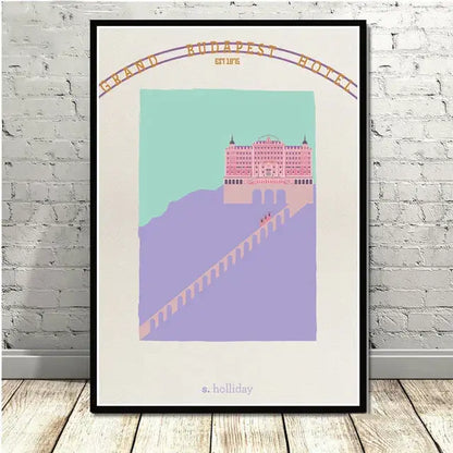 A framed grand budapest hotel minimalist wall art poster in pink and purple hues for decorbites living room decor