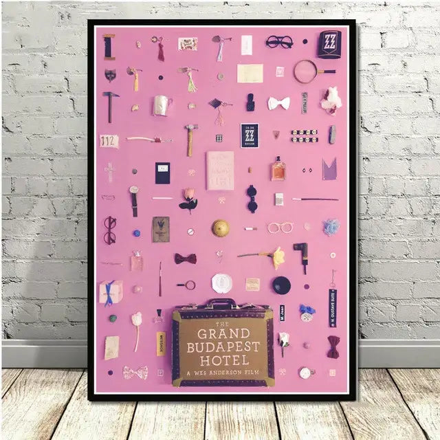 Pink framed decorbites grand budapest hotel minimalist wall art featuring a collage on pink background for living room decor