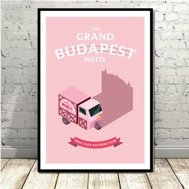 Pink illustrated poster of vintage mendl’s delivery truck framed in black from decorbites grand budapest hotel minimalist set