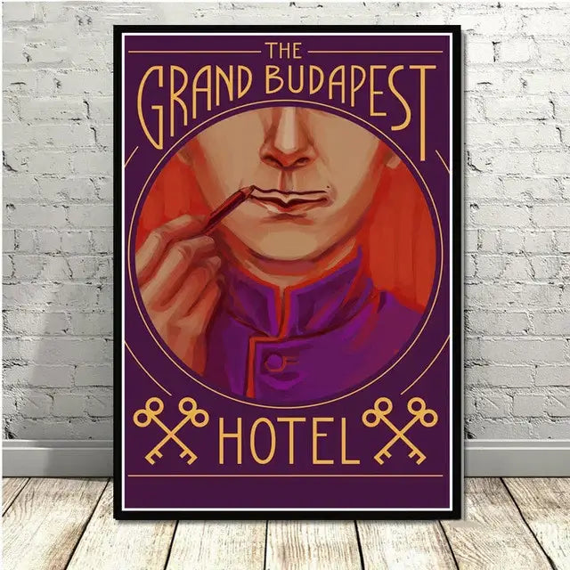 Purple and gold grand budapest hotel minimalist wall art featuring a stylized man in purple uniform decorbites decor