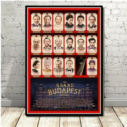 Decorbites grand budapest hotel minimalist red-framed wall art set with sepia portraits and dark blue hotel illustration