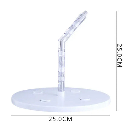 Clear plastic white cake stand support structure with curved segmented arm on circular base for baking tools