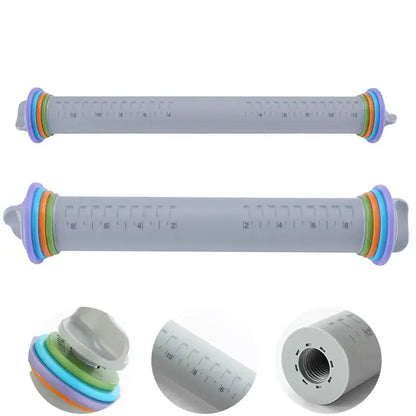 Gray plastic measuring ruler with colorful silicone rings and metric imperial markings for decorbites adjustable silicone rolling pin