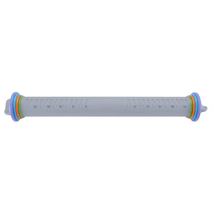 Gray adjustable silicone rolling pin with translucent gray measuring tape and colorful rainbow rings decorbites adjustable silicone tool