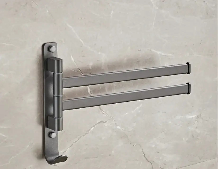 Modern matte black double-arm wall-mounted towel hanger with decorbites gray aluminum swivel folding metal rack design