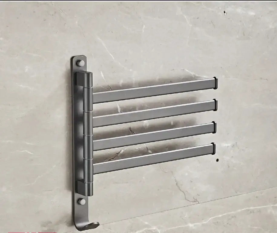 Modern matte black wall-mounted towel hanger with four extendable bars and hook by decorbites gray aluminum swivel design