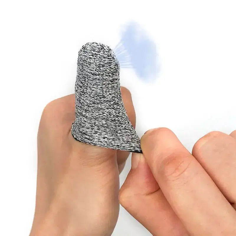Gray and black speckled knitted finger protector sleeves provide anti-cut protection for safe kitchen use