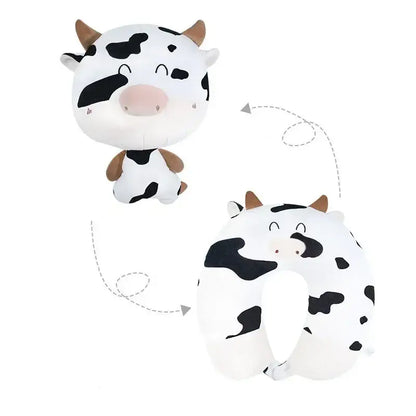 Adorable black and white spotted cow-themed decorbites cute plush neck pillow with brown horns for travel and bedroom use