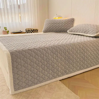 Gray and white antibacterial milk velvet mattress blanket with quilted pattern and soft fluffy border by decorbites antibacterial milk