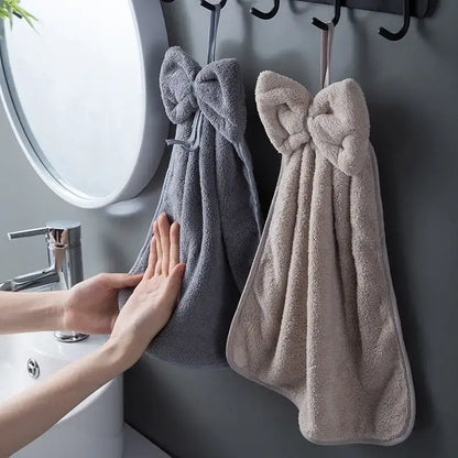 Gray and beige bowknot coral velvet hand towels hanging from hooks for kitchen cleaning by decorbites bowknot coral