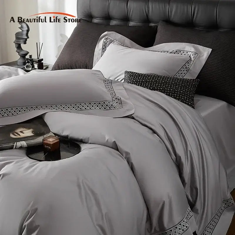 Luxury gray satin egyptian cotton bedding set with black geometric embroidery for hotel bedding set and bedroom use