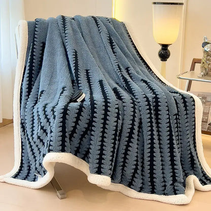 Decorbites jacquard blanket in blue and white plush with textured stripes ideal for living room decor and warmth