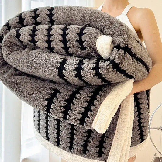 Cozy gray and black patterned decorbites jacquard blanket with thick lamb wool and cream plush lining for living room decor