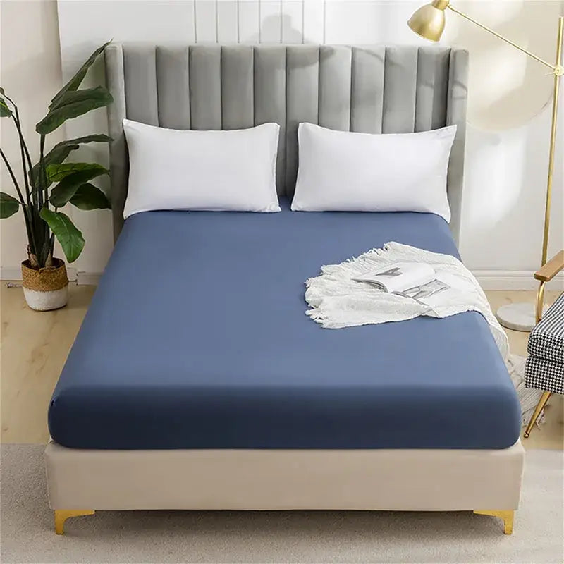 Blue fitted mattress cover made of decorbites brushed fitted fabric for smooth bedroom bedding decor