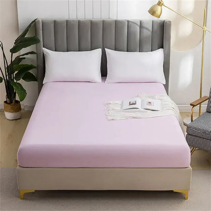 A soft lavender decorbites brushed fitted mattress cover with smooth stretchy fabric snugly fitting the bed