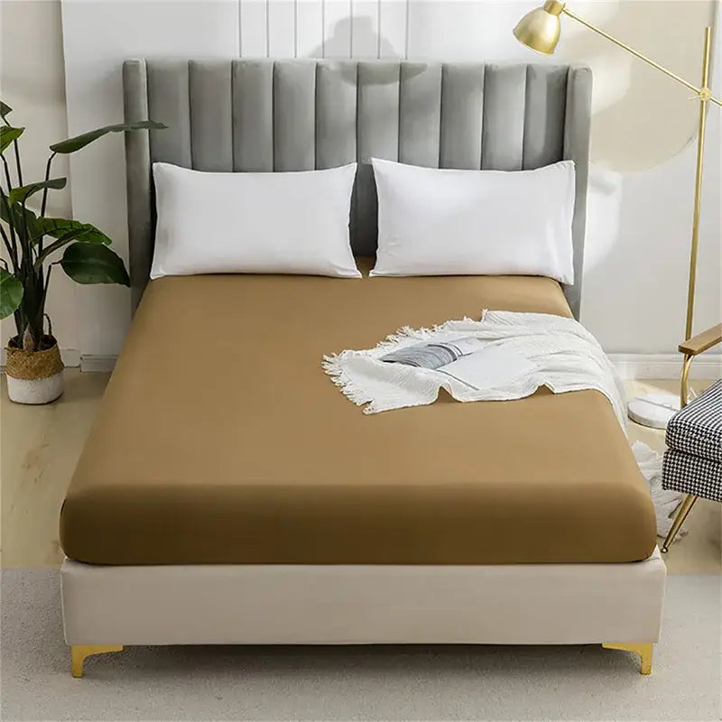 Tan decorbites brushed fitted mattress cover with smooth stretchy fabric snugly fits mattress for bedroom bedding