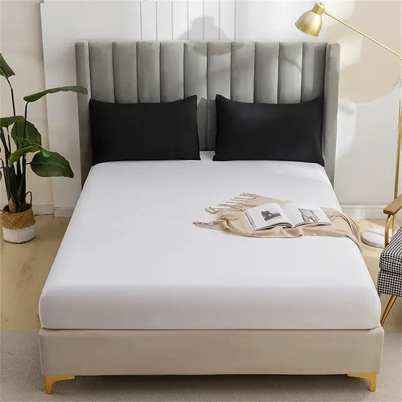 White fitted sheet with smooth stretchy fabric showcasing decorbites brushed fitted mattress cover for bedroom use
