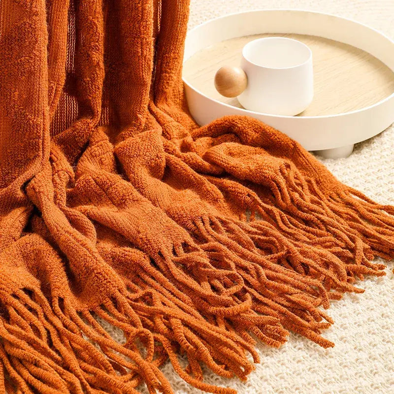 Warm orange terry cloth knit blanket with long soft fringes for decorbites knit blanket sofa living room decor